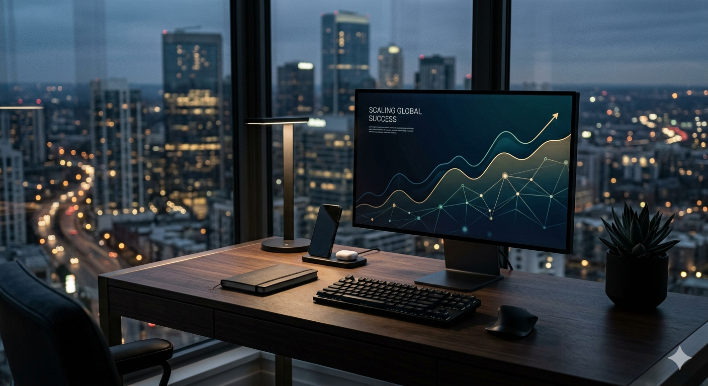 Premium dark office workspace with city skyline at night